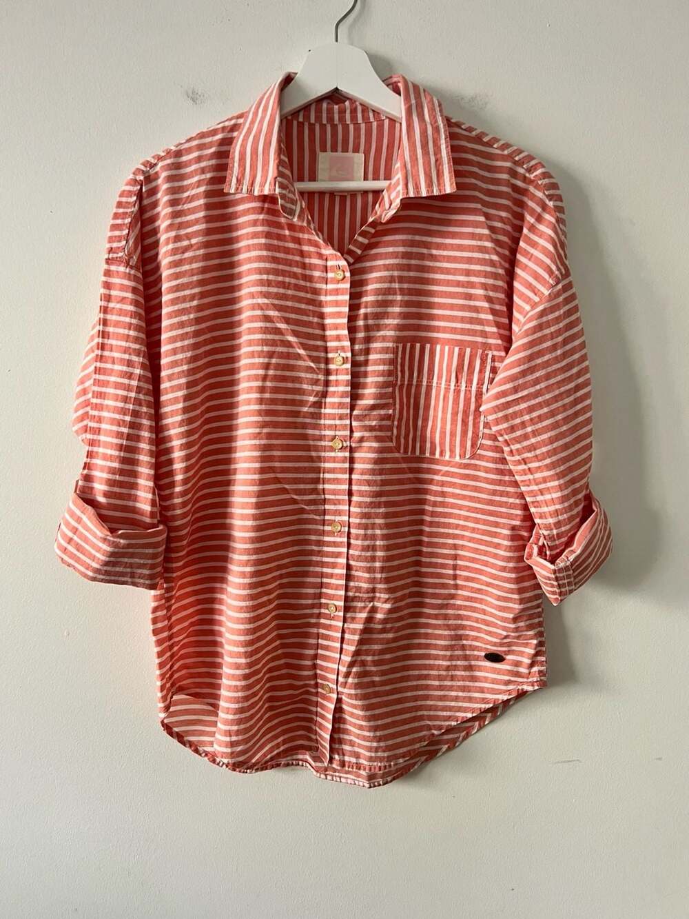 Quiksilver Striped Button Down Shirt Size M Coral White